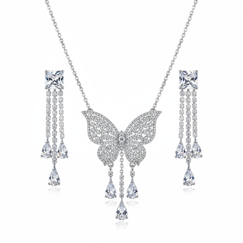 Butterfly Pendant Necklace with Earrings
