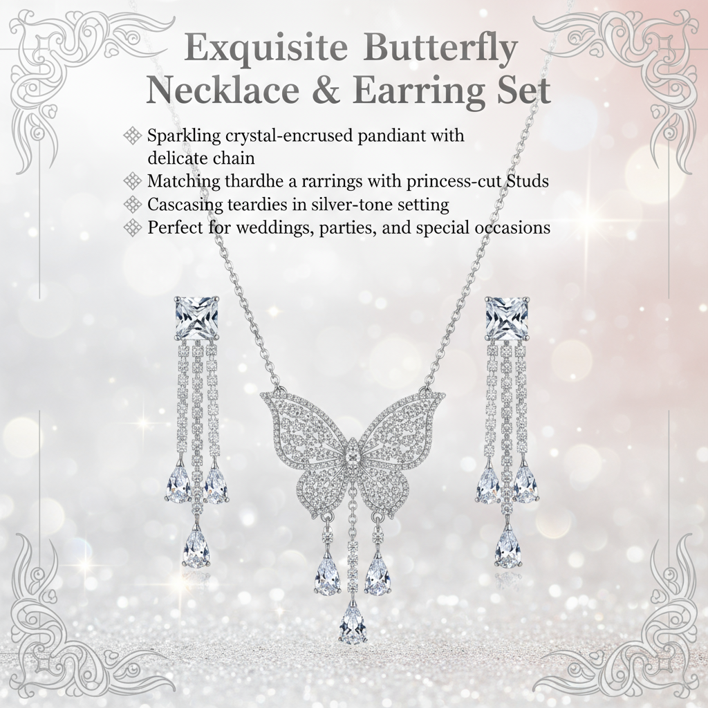 Butterfly Pendant Necklace with Earrings
